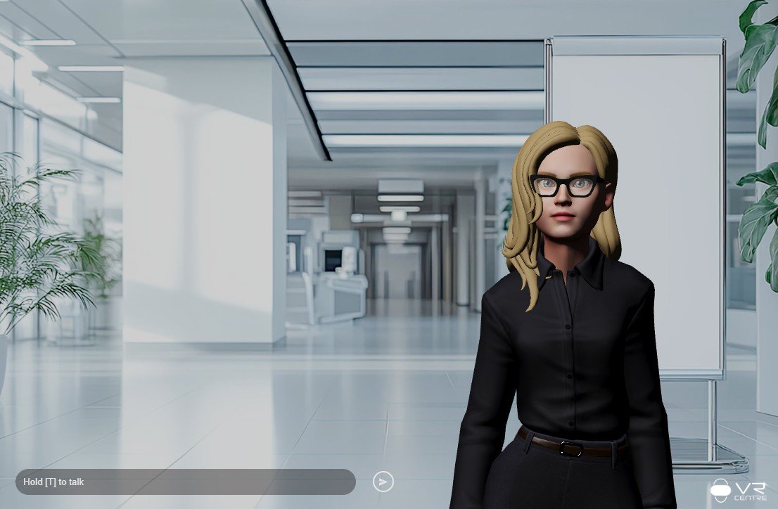 A Nova AI tutor avatar in a VR Centre branded training environment
